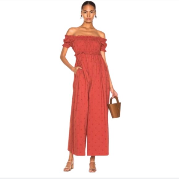 Ulla Johnson Gigi Wide Leg Jumpsuit Womens 4 Orange Off the Shoulder Cotton Boho - Picture 1 of 13